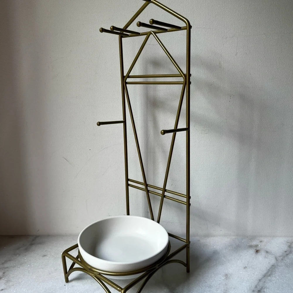 Elegant Gold Metal jewelry Stand, display , holder with ceramic Bowl
